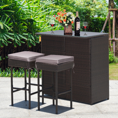 Costway Patio 3PCS Rattan Bar Table Stool Set Cushioned Chairs with Gray/Navy & Off white Cover
