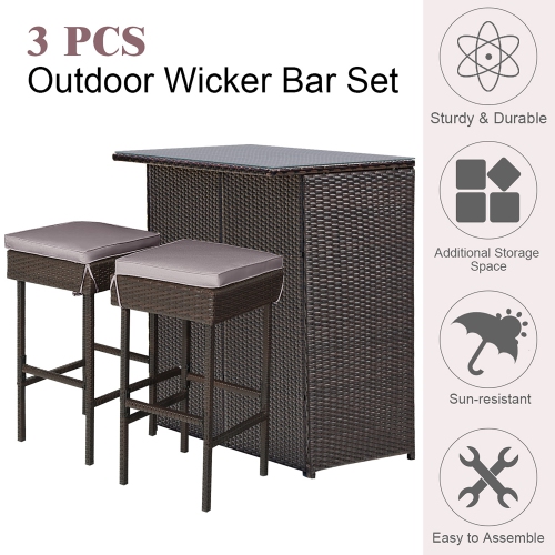 Costway Patio 3PCS Rattan Bar Table Stool Set Cushioned Chairs with Gray/Navy & Off white Cover