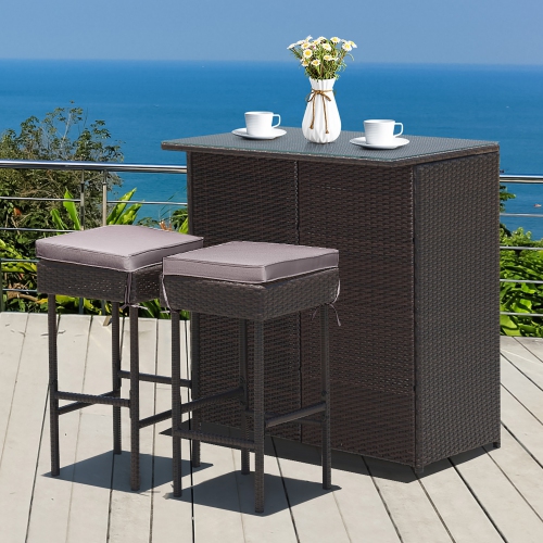 Costway Patio 3PCS Rattan Bar Table Stool Set Cushioned Chairs with Gray/Navy & Off white Cover