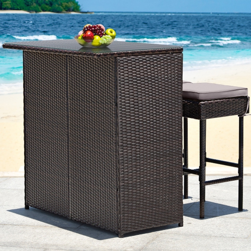 Costway Patio 3PCS Rattan Bar Table Stool Set Cushioned Chairs with Gray/Navy & Off white Cover