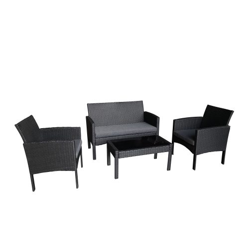 PATIO ZONE  4 Piece Wicker Conversation Set With Polyester Cushions And Steel Frame - / Grey In Black