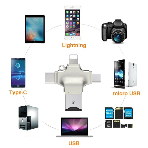 Lecteur de carte Micro SD TF 4 en 1 multifonction avec adaptateur de concentrateur USB OTG Lightning de type USB C pour iPhone Android Windows PC