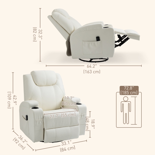 Fauteuil de massage inclinable de HOMCOM, fauteuil berçant pivotant, canapé inclinable manuellement à 8 points de vibration, cuir PU, porte-gobelets,