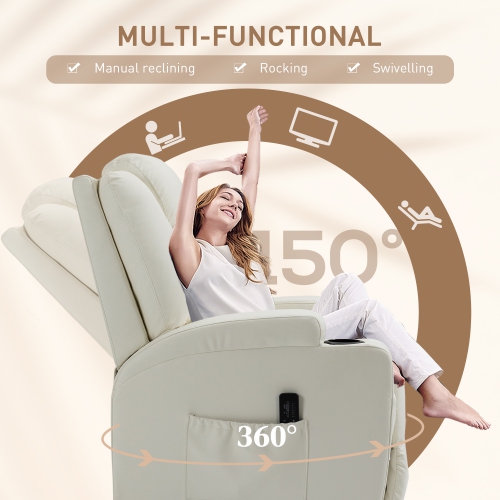 Fauteuil de massage inclinable de HOMCOM, fauteuil berçant pivotant, canapé inclinable manuellement à 8 points de vibration, cuir PU, porte-gobelets,
