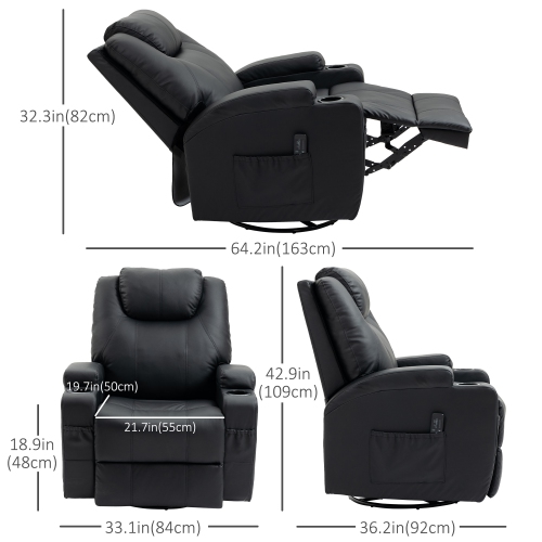 Fauteuil de massage inclinable de HOMCOM, fauteuil berçant pivotant, canapé inclinable manuellement à 8 points de vibration, cuir PU, porte-gobelets,