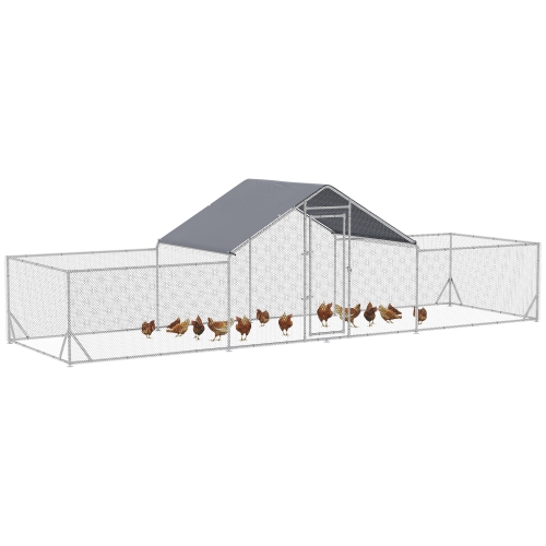 Poulet PawHut, poulet cuit en métal de 23 x 6,6 pi avec couvercle étanche et anti-UV, toit de Spire, porte, pour 12-14 poulets, rondelles, lapins,