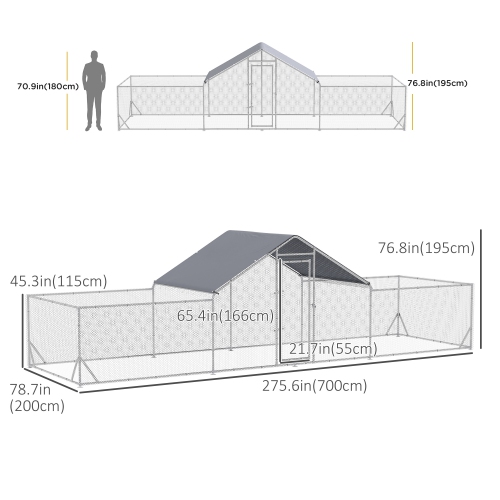 PawHut Chicken Run, 23' x 6.6' Metal Chicken Coop with Waterproof and Anti-UV Cover, Spire Roof, Door, for 12-14 Chickens, Ducks, Rabbits, Sliver