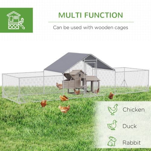 PawHut Chicken Run, 23' x 6.6' Metal Chicken Coop with Waterproof and Anti-UV Cover, Spire Roof, Door, for 12-14 Chickens, Ducks, Rabbits, Sliver