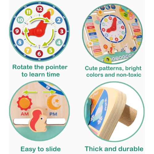 TOOKYLAND Calendar and Clock Toy - Wooden Montessori Board for Learning Days, Dates, Time, Seasons and Weather, for Kids 3 Years +