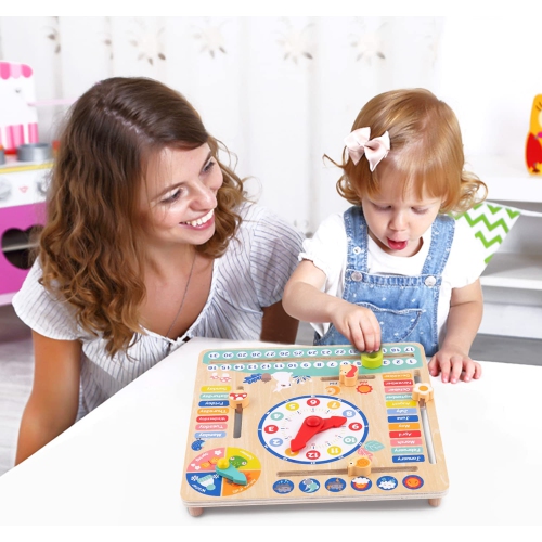 TOOKYLAND Calendar and Clock Toy - Wooden Montessori Board for Learning Days, Dates, Time, Seasons and Weather, for Kids 3 Years +