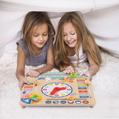 TOOKYLAND Calendar and Clock Toy - Wooden Montessori Board for Learning Days, Dates, Time, Seasons and Weather, for Kids 3 Years +