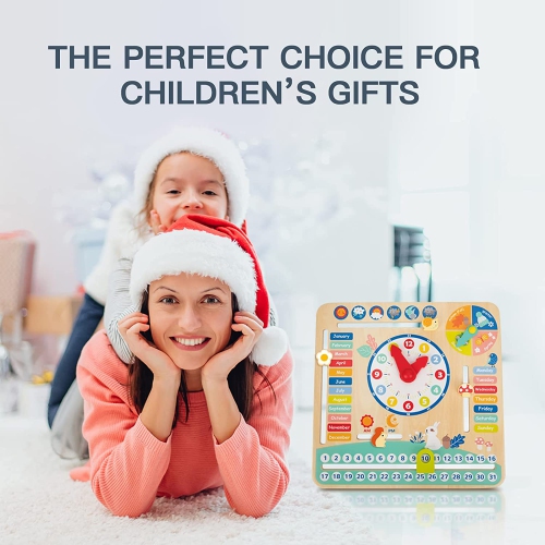 TOOKYLAND Calendar and Clock Toy - Wooden Montessori Board for Learning Days, Dates, Time, Seasons and Weather, for Kids 3 Years +