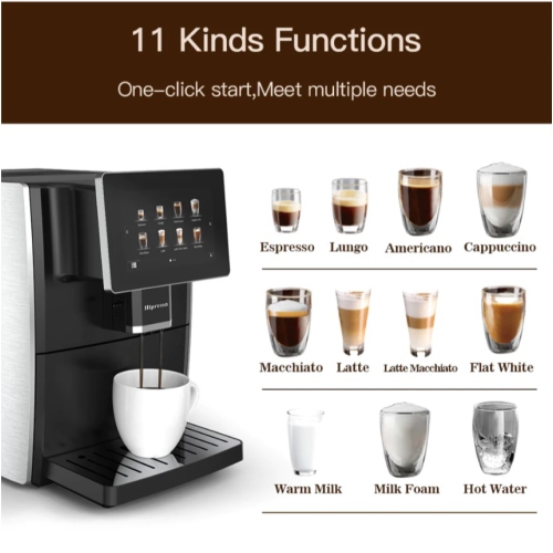 Hipresso Super-automatic Espresso Coffee Machine with Large 7 inches HD TFT Display Long, Americano,Cappuccino, Latte, Macchiato,Flat White, Espresso