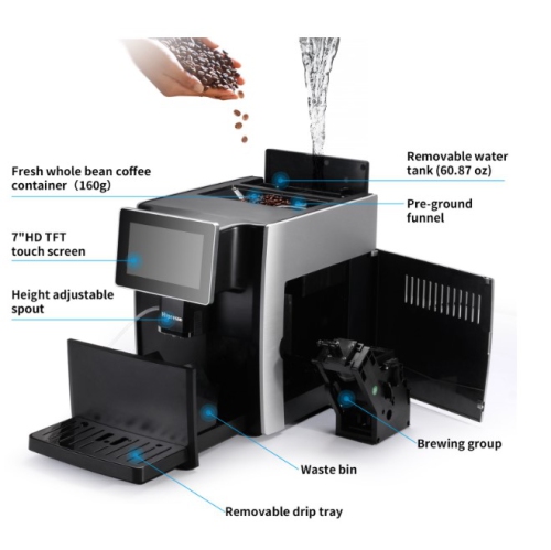 Hipresso Super-automatic Espresso Coffee Machine with Large 7 inches HD TFT Display Long, Americano,Cappuccino, Latte, Macchiato,Flat White, Espresso