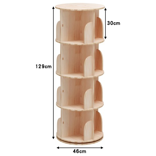 4 Tier Rotating Bookshelf, 360° Solid Pine Wood Rotating Stackable Shelves Bookshelf Organizer for Home, Bedroom, Office