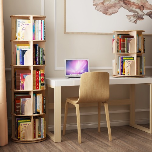 5 Tier Rotating Bookshelf, 360° Solid Pine Wood Rotating Stackable Shelves Bookshelf Organizer for Home, Bedroom, Office