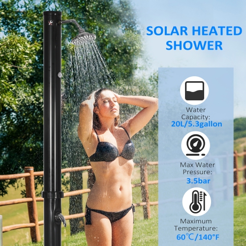 Outsunny 7.3FT 5.3 Gallon Solar Heated Shower, 2-Section Outdoor Shower with Shower Head, Foot Shower, Temperature Display for Backyard, Poolside,