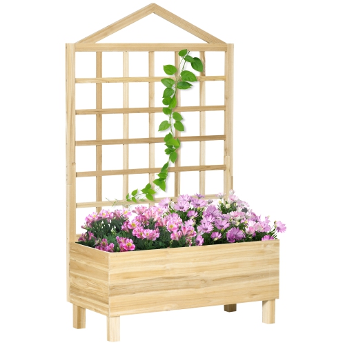 Outsunny Raised Garden Bed with Trellis for Climbing Plants, 59 Inch Wooden Box Planters for Outdoor Plants, Vegetables, Flowers, Herbs, Easy Assembl