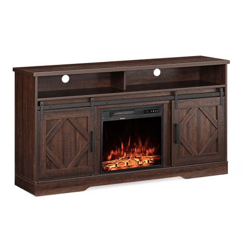 Wampat Fireplace TV Stand for TVs Up to 65 Inch, Electric Fireplace, Yellow LED Wood Entertainment Center with Storage Cabinet, Sliding Barn Door, 2