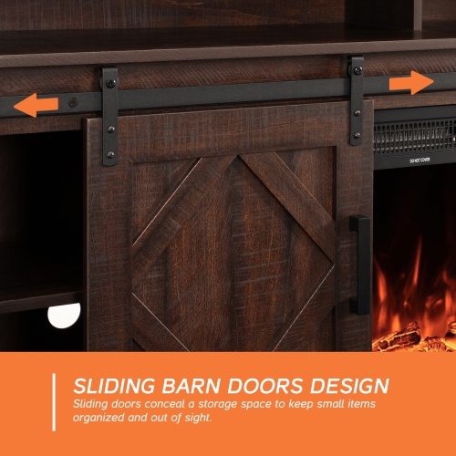 Wampat Fireplace TV Stand for TVs Up to 65 Inch, Electric Fireplace, Yellow LED Wood Entertainment Center with Storage Cabinet, Sliding Barn Door, 2