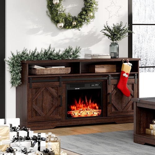 Wampat Fireplace TV Stand for TVs Up to 65 Inch, Electric Fireplace TV Console, LED Wood Entertainment Center with Storage Cabinet, Sliding Barn