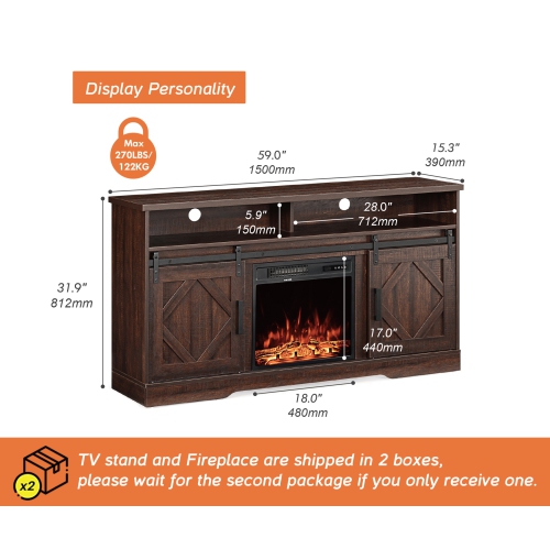 Wampat Fireplace TV Stand for TVs Up to 65 Inch, Electric Fireplace TV Console, LED Wood Entertainment Center with Storage Cabinet, Sliding Barn