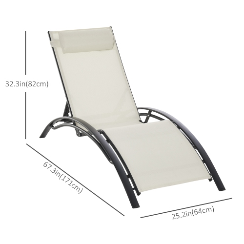 Outsunny Patio Lounge Chair, Aluminum Reclining Outdoor Tanning Chair with 5-Level Adjustable Backrest, Head Pillow and Breathable Mesh Fabric, for