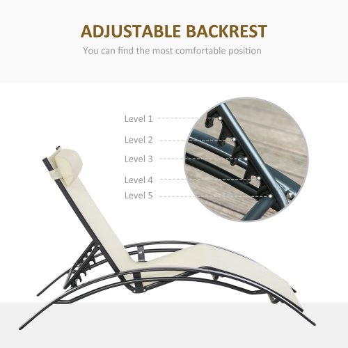 Outsunny Patio Lounge Chair, Aluminum Reclining Outdoor Tanning Chair with 5-Level Adjustable Backrest, Head Pillow and Breathable Mesh Fabric, for