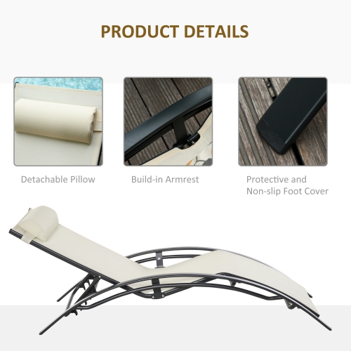 Outsunny Patio Lounge Chair, Aluminum Reclining Outdoor Tanning Chair with 5-Level Adjustable Backrest, Head Pillow and Breathable Mesh Fabric, for