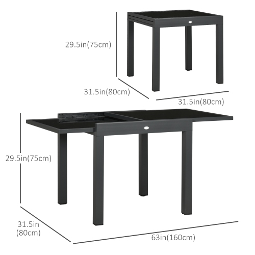 Outsunny Table de salle à manger d'extérieur extensible de 63 po avec cadre en aluminium et dessus de table en verre trempé, noir