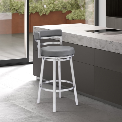 Titana 26" Counter Height Swivel Grey Faux Leather Stainless Steel Bar Stool