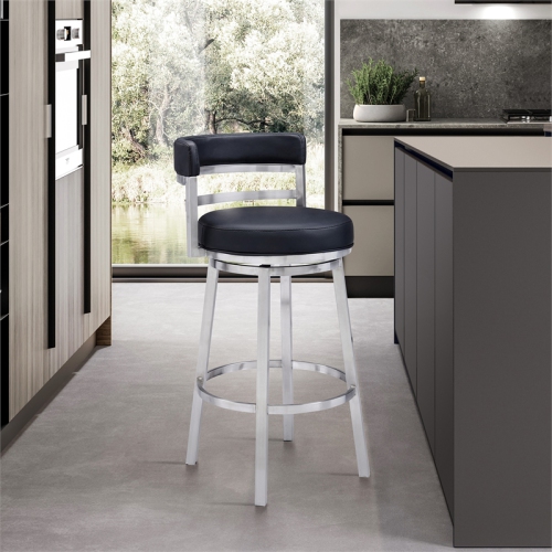 Titana 26" Counter Height Swivel Black Faux Leather Stainless Steel Bar Stool