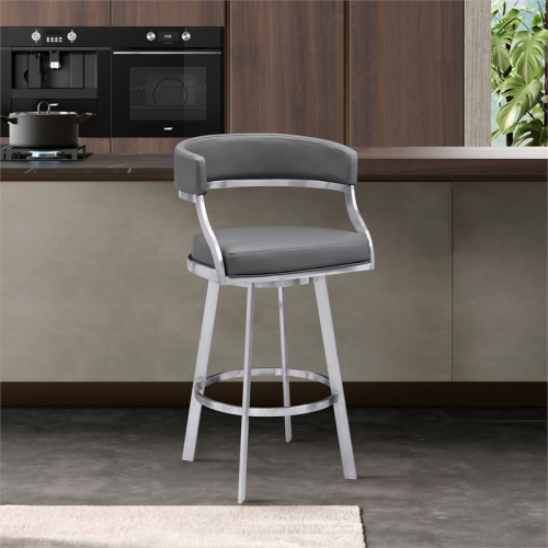 Dione 30" Bar Height Swivel Grey Faux Leather Stainless Steel Bar Stool
