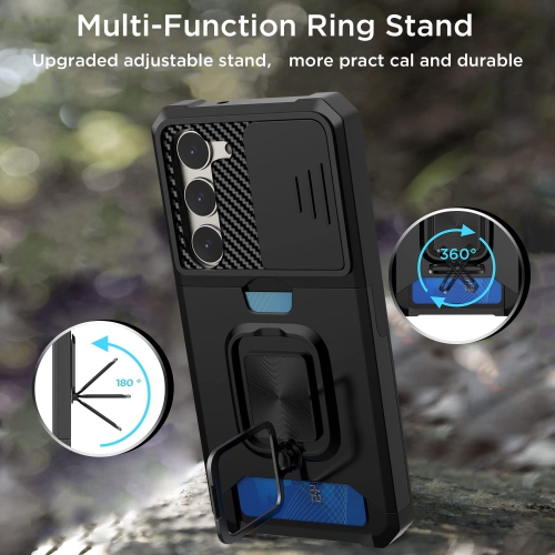 Samsung Galaxy S23 Case, with Slide Camera Cover/Ring Kickstand & Card Holder Compatible Magnetic Car Mount Rugged Heavy Duty Military Grade
