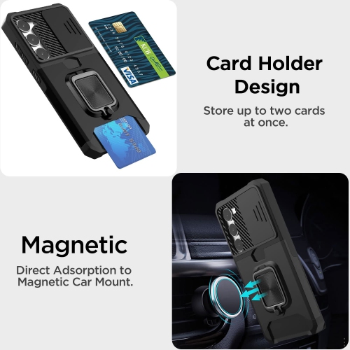 Samsung Galaxy S23 Case, with Slide Camera Cover/Ring Kickstand & Card Holder Compatible Magnetic Car Mount Rugged Heavy Duty Military Grade