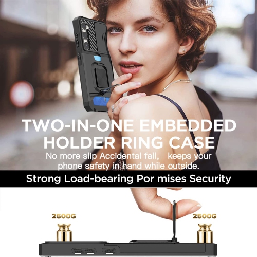 Samsung Galaxy S23 Case, with Slide Camera Cover/Ring Kickstand & Card Holder Compatible Magnetic Car Mount Rugged Heavy Duty Military Grade