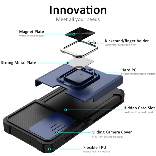 Samsung S23 Case with Sliding Camera Cover Heavy Duty Protective Galaxy S23 Case with Card Holder Magnetic Built-in Kickstand Phone Case for Samsung