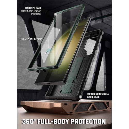 Étui pour Galaxy S23 Ultra 5G de 6.8 po, protecteur d’écran intégré, lecteur d’empreintes digitales, étui protecteur complet antichoc, béquille, vert