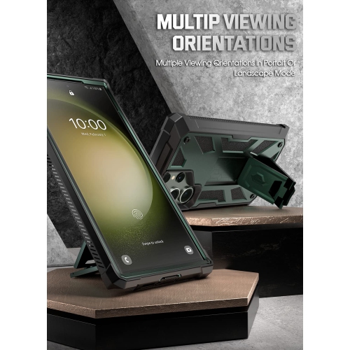 Étui pour Galaxy S23 Ultra 5G de 6.8 po, protecteur d’écran intégré, lecteur d’empreintes digitales, étui protecteur complet antichoc, béquille, vert