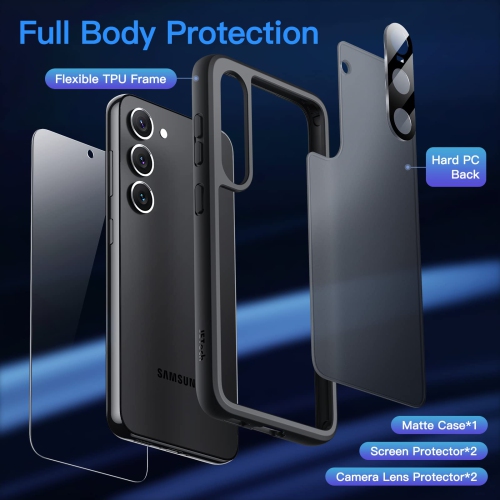 5 in 1 Matte Case for Samsung Galaxy S23 5G 6.1-Inch with 2-Pack Screen Protector and Camera Lens Protector, Translucent Back Protective Phone Cover,