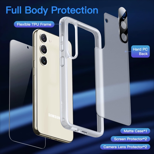 5 in 1 Matte Case for Samsung Galaxy S23 5G 6.1-Inch with 2-Pack Screen Protector and Camera Lens Protector, Translucent Back Protective Phone Cover,
