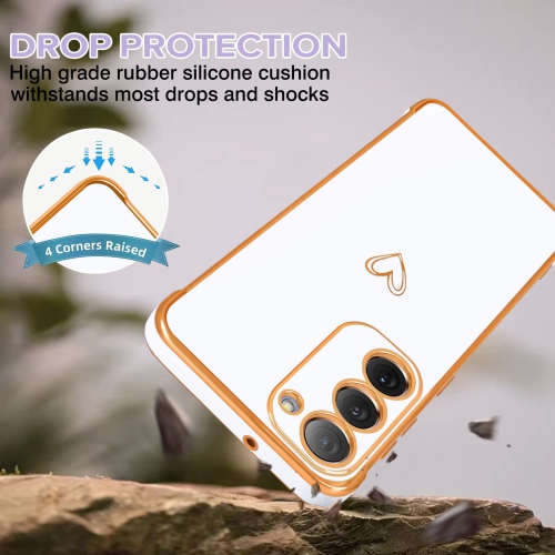 Samsung Galaxy S23 Case for Girls Women, Cute Heart Simple Pattern Case Plating Gold Edge Flexible Silicone Shockproof Protective Bumper Cover for