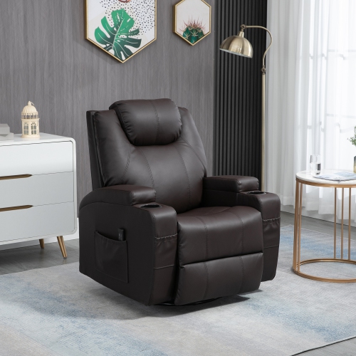 HOMCOM Faux Leather Recliner Chair with Massage, Vibration, Muti-function  Padded Sofa Chair with Remote Control, 360 Degree Swivel Seat with Dual Cup  Holders, Brown