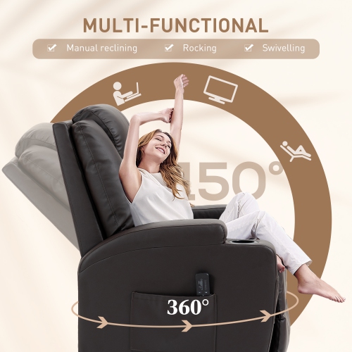 Fauteuil de massage inclinable de HOMCOM, fauteuil berçant pivotant, canapé inclinable manuellement à 8 points de vibration, cuir PU, porte-gobelets,