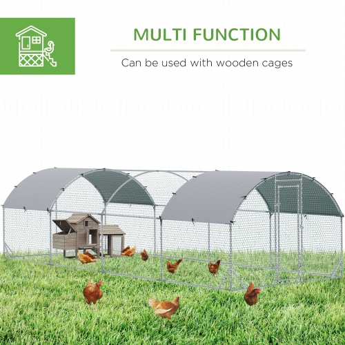 PawHut Chicken Run, Galvanized Large Metal Chicken Coop Cage, Walk-in Enclosure Poultry Hen Run House Playpen Rabbit Hutch with Dome Roof, Cover,