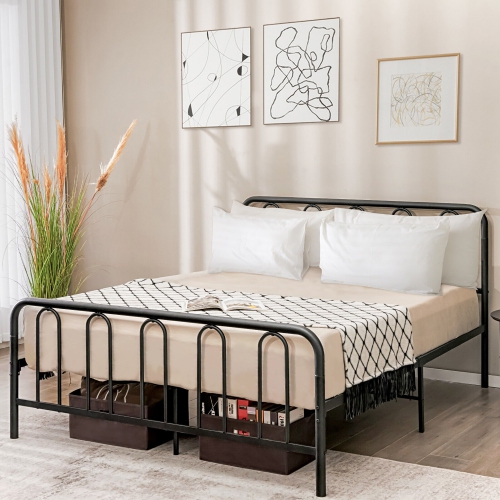 GYMAX  Stylish Queen Size Metal Bed Frame Platform Bed Base W/ Headboard & Footboard