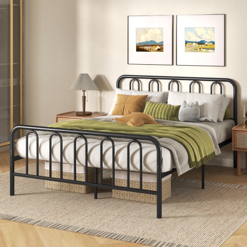 Gymax Stylish Queen Size Metal Bed Frame Platform Bed Base w/ Headboard & Footboard