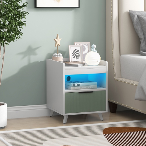 Gymax 2PCS Nightstand Modern Beside End Table w/ LED Lights Open Compartment & Drawer