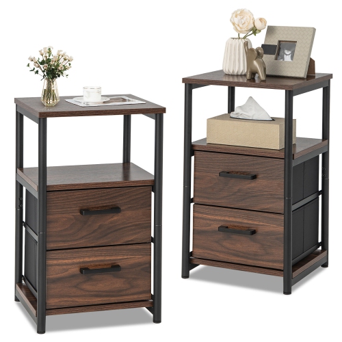 GYMAX  2PCs Nightstand Bedside End Table With 2 Fabric Drawers & Storage Shelf