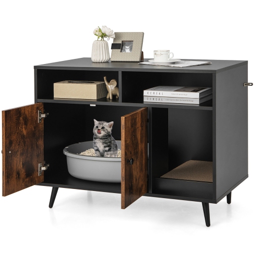 GYMAX  Cat Litter Box Enclosure W/ Scratching Pad End Table Nightstand Hidden Washroom